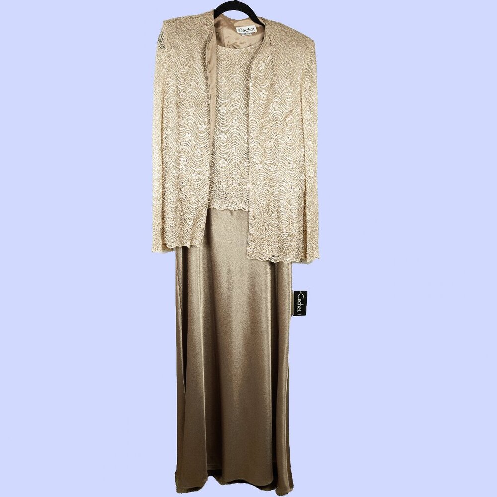 Cachet Bridal Champagne Gold Lace Satin Gown Long Maxi Dress Size 12